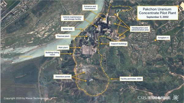 북한 박천 우라늄 농축 시험공장의 2002년 위성사진./CSIS