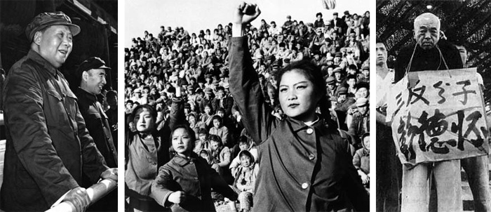 문화대혁명에 시동을 건 중국 최고지도자 마오쩌둥이 지난 1966년 8월 18일 톈안먼 망루에 올라 2인자인 린뱌오와 함께 홍위병을 사열하고 있다(왼쪽 사진). 전국에서 모인 홍위병들이 베이징의 한 체육관에서 마오쩌둥의 어록을 이용해 단체 학습회의를 벌이는 모습(가운데). 오른쪽 사진은 1966년 전 국방부장 펑더화이가 홍위병들에게 붙잡혀 베이징으로 끌려가는 모습. 그의 목에 ‘삼반분자(三反分子) 펑더화이’란 팻말이 걸려 있는데 ‘삼반분자’란 ‘반(反)마오쩌둥, 반당(反黨), 반(反)사회주의적 인간’이란 뜻이다. /신화통신·게티이미지·위키피디아