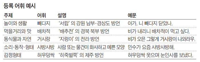 등록 어휘 예시 정리 표
