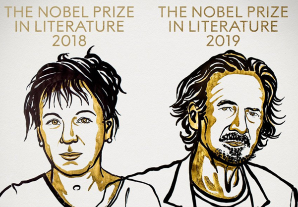 2018년 노벨 문학상 수상자인 올카 토카르추크(왼쪽)와 2019년 노벨 문학상 수상자인 페터 한트케. /스웨덴 한림원