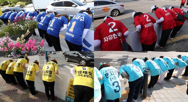 지난해 6·13 지방선거 당시 선거 유세에 나선 민주당·한국당·바른미래당·정의당(왼쪽 위부터 시계방향) 선거운동원들이 유권자의 지지를 호소하고 있다./연합뉴스·뉴시스