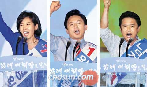 4일 한나라당 전당대회에서 3·4·5등을 한 나경원·원희룡·남경필(왼쪽부터) 의원의 ‘40대 당대표’론은 미완성으로 남았다. 그러나 당이 위기에 빠진 상황에서 차세대 리더 격인 3인방이 나란히 지도부에 입성해 ‘절반의 성공’이란 평가가 나오고 있다. /조인원 기자 join1@chosun.com