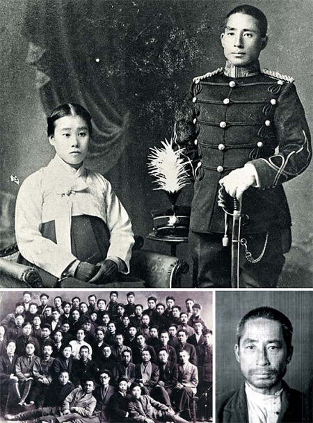 1911년 일본 육군 기병장교 시절의 김경천 장군(위)과 1939년 소련에서 간첩죄로 체포된 직후의 초췌한 모습(오른쪽 아래). 김장군 왼쪽은 아내 유정화다. 왼쪽 아래 사진은 1921년 3월 연해주 빨치산 활동가 모임으로 김 장군이 맨 뒷줄 왼쪽에서 셋째에 서있다. 당시 연해주 포시예트₩훈춘 한인 빨치산 총사령관이었으나 공산당원이 아닌 탓에 뒷줄에 섰다. /고려인 역사 연구자 최아리따, 김경천 장군 외손자 김예브게니 제공