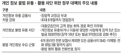 개인 정보 불법 유통·활용 차단 위한 정부 대책의 주요 내용 정리 표