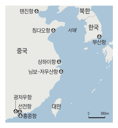 한국과 중국의 주요 항구 위치 지도