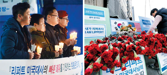 “나도 리퍼트다” 8일 저녁 서울 종로구 일민미술관 앞에서 ‘마크 리퍼트 주한 미국 대사 쾌유 기원 촛불문화제’가 열려 시민들이 촛불을 들고 대사의 건강 회복을 기원했고(왼쪽), 같은 날 미 대사관 앞에는 리퍼트 대사의 빠른 회복을 비는 시민들이 놓고 간 카네이션이 수북하게 쌓여 있다(오른쪽).