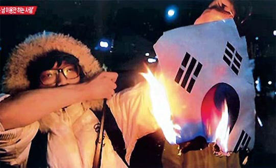 김씨가 지난달 세월호 1주기 집회에서 태극기를 태우는 모습/채널A 캡쳐