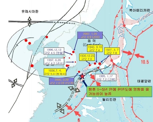 "한반도 대지진 가능성 낮아...일본 지진 영향으로 5년 내 규모 5 ...