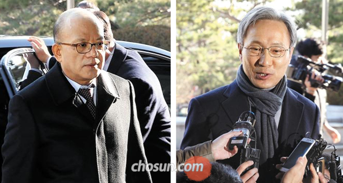 박근혜 대통령에 대한 탄핵 심판 사건을 맡은 헌법재판소 박한철(왼쪽 사진) 소장과 주심인 강일원 재판관이 휴일인 11일 오전 서울 종로구 재동의 헌재 청사로 출근하고 있다.