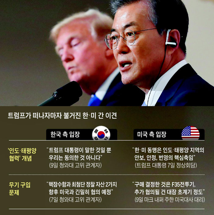 문재인(오른쪽) 대통령이 지난 7일 청와대에서 도널드 트럼프 미국 대통령과 공동 기자회견을 가진 뒤 취재진 질문에 답하고 있다.