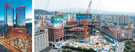 ‘제주의 강남’으로 불리는 제주 노형동 일대의 지난 1일 모습. 가운데 건축 중인 건물은 내년 9월 완공 예정인 제주드림타워이다. 현재 공정률 24%로 6층까지 뼈대가 올라가 있다. 왼쪽은 하얏트그룹이 호텔 운영을 위탁받기로 계약한 제주드림타워의 완공 후 예상 모습.