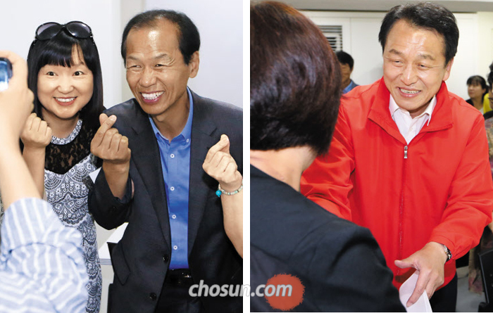 더불어민주당 최문순 강원지사 후보가 7일 춘천시에서 열린 ‘강원도 여성 유권자 네트워크’ 정책협약식에서 참석자들과 기념 촬영을 하고 있다(사진 왼쪽). 자유한국당 정창수 강원지사 후보가 7일 춘천시에서 열린 ‘강원도 여성 유권자네트워크’ 정책협약식에서 참석자들과 인사를 나누고 있다(사진 오른쪽).