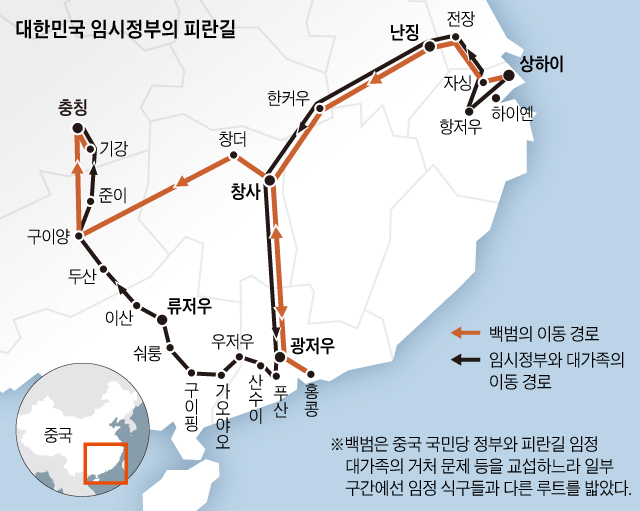 대한민국 임시정부의 피란길 지도