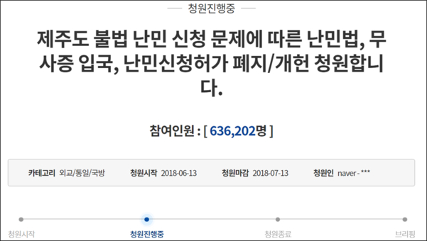 지난달 13일 시작된 ‘난민법 폐지·개헌’ 청원은 참여 인원 63만6000명을 넘어서며 청와대 국민청원 중 최다 추천을 받은 글이 됐다./ 청와대 국민청원 게시판 캡처