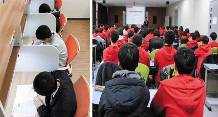 과학고에 지원할 학생들은 제출 서류에서 예상 질문 100개가량을 추려 면접을 준비하는 게 좋다. 사진은 과학고 입시를 앞두고 공부에 열중한 중 3 학생들(왼쪽). 지난 2월 와이즈만 입시전략연구소가 개최한 ‘2019학년도 영재학교·과학고·자사고 대비 자기주도학습 캠프’ 현장 모습.