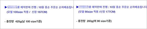 K 아웃도어 브랜드의 패딩 재킷 판매 페이지에 표기된 거위 털 충전량. 남성용은 425g, 여성용은 283g으로 큰 차이가 있다./쇼핑몰 캡처