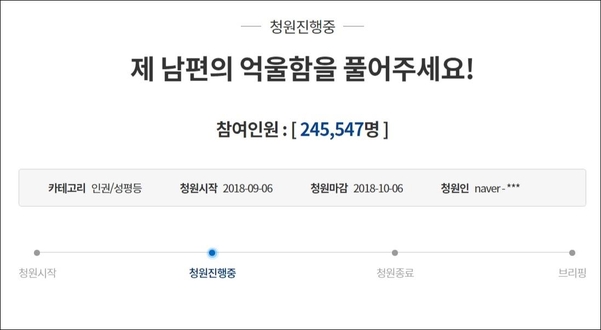 직장인 남성 A씨가 강제추행 혐의로 징역 6개월을 선고받자 A씨 아내가 ‘제 남편의 억울함 좀 풀어주세요. 도와주세요.’라는 제목의 국민청원 글을 지난 6일 청와대 홈페이지에 올렸다. 이 글은 10일 24만명 이상이 동의했다./청와대 홈페이지 캡처