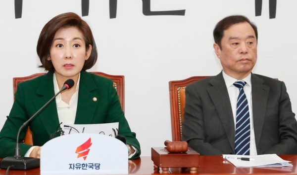 자유한국당 나경원 원내대표(왼쪽)가 7일 국회에서 열린 비상대책위원회 회의에서 발언하고 있다./연합뉴스