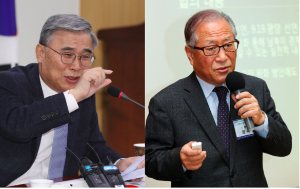 이종석 전 통일부 장관<왼쪽>과 정세현 전 통일부 장관은 4일 2차 미북 정상회담 결렬의 타개책으로 문재인 대통령과 김정은 위원장의 판문점에서 만나는 남북정상회담 추진을 제안했다. 이 전 장관이 이날 오전 국회 의원회관에서 열린 더불어민주당 한반도비핵화대책특별위원회 간담회에서 발언하고 있다. / 연합뉴스