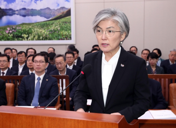 강경화 외교부 장관이 18일 국회 외교통일위원회 전체회의에서 업무 보고를 하고 있다./뉴시스
