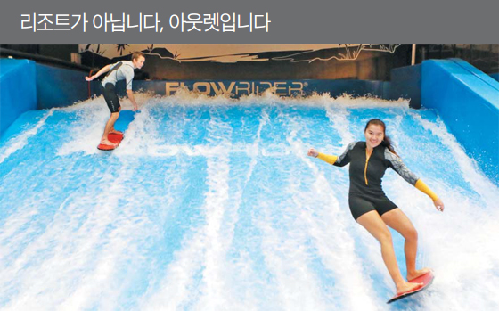 지난해 12월 오픈한 롯데프리미엄아울렛 기흥점의 실내 서핑장인 ‘플로우하우스’에서 강사들이 서핑을 시연하는 모습. 인공 파도 위에서 서핑을 즐길 수 있는 시설이다. 1분 동안 11만3000t의 물이 쏟아진다.