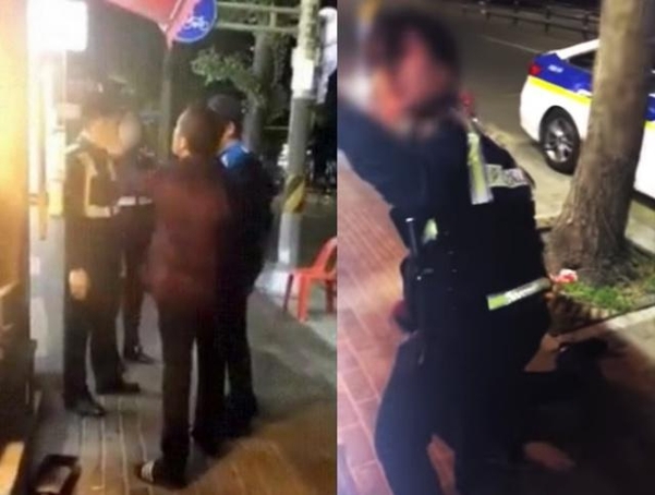 지난 13일 서울 구로구 구로동 인근 술집에서 주취자 허모(53)씨가 출동 경찰관에게 뺨을 때리는 모습(왼쪽). 이후 여성 경찰관이 허씨를 제압하는 과정에서 발버둥 치자 주변 시민에게 도움을 청하고 있다. /온라인 커뮤니티 캡쳐