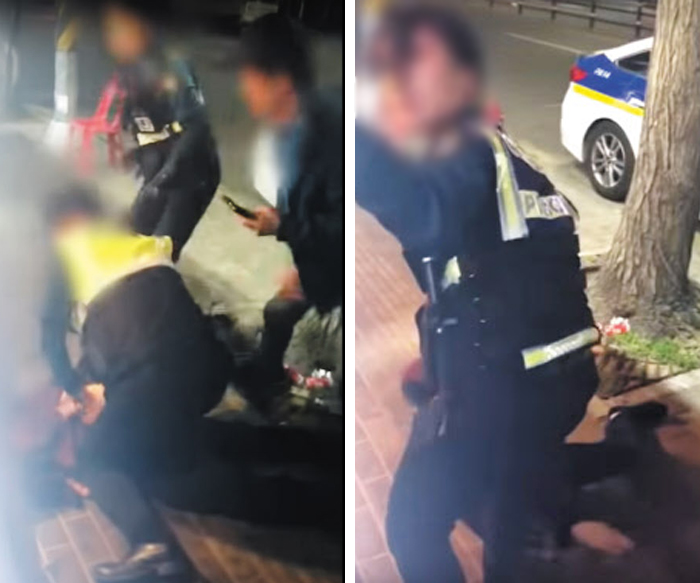 지난 13일 서울 구로구 구로동의 술집 앞에서 남성 경찰관이 허모(53)씨를 제압하고 있다(왼쪽 사진). 이후 허씨 일행인 장모(41)씨가 남성 경찰관에게 달려들었고, 여성 경찰관이 대신 허씨를 제압했다. 오른쪽 사진은 여경이 이 과정에서 옆에 있던 시민에게 “남자분 나오시라”며 도움을 요청하는 장면.