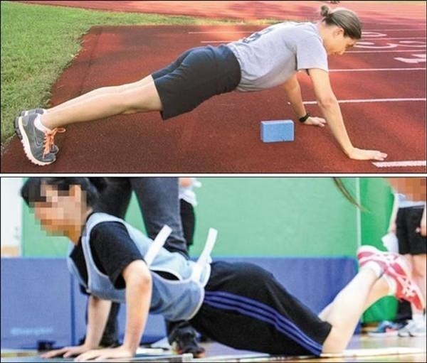 미국(위쪽)과 한국의 경찰 채용 체력시험 모습. 한국에선 여성 응시자들이 무릎을 바닥에 대고 팔굽혀펴기를 하는 것을 허용해 “부실 체력 검정 아니냐”는 비판을 받아 왔다. /유튜브·조선일보DB