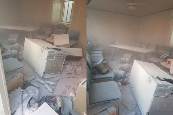 지난 12일 노조 난입으로 엉망이 된 해양공장 휴게실 내부. / 현대중공업 제공