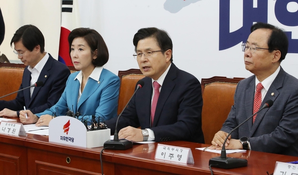 자유한국당 황교안 대표가 17일 국회에서 열린 최고위원-중진의원 연석회의에서 발언하고 있다./연합뉴스