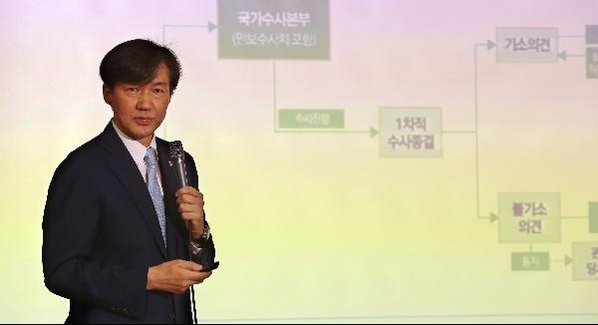 조국 법무부 장관 후보자가 청와대 민정수석이던 지난해 6월 21일 정부서울청사에서 검·경 수사권 조정 정부안에 대해 설명하고 있다. /이진한 기자