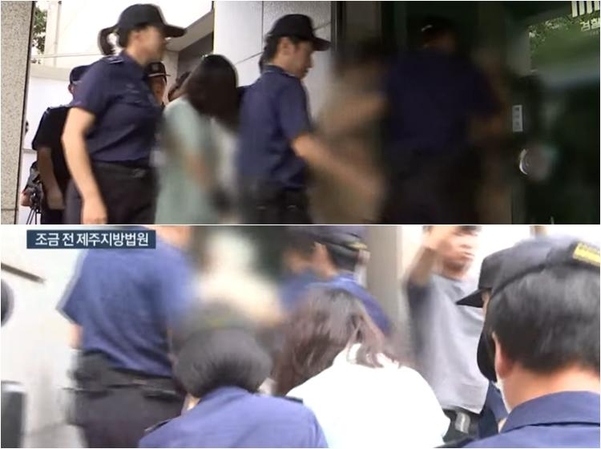 12일 오전 호송차에서 내린 고유정이 제주지법 재판장으로 향하고 있다. /연합뉴스TV 캡처