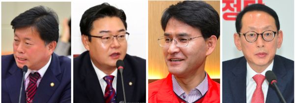 황교안 자유한국당 대표가 14일 당직 교체 인사를 했다. 새로 임명된 김명연 수석 대변인, 김성원 대변인, 이창수 대변인, 김도읍 비서실장(왼쪽부터) /연합뉴스·뉴시스