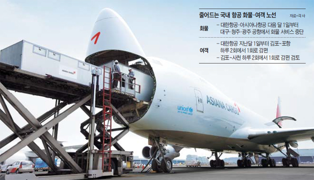 대한항공과 아시아나항공이 다음 달부터 지방의 일부 공항에서 화물 서비스를 중단한다. 사진은 아시아나항공이 비행기에 화물을 싣는 모습.