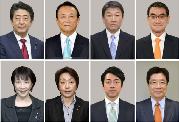 상단 왼쪽부터 아베 신조(安倍晋三) 총리, 아소 다로(麻生太郎) 부총리 겸 재무상, 모테기 토시미츠 (茂木敏充)외상, 고노 다로(河野太郎) 방위상, 하단 왼쪽부터 타카이치 사나에(高市早苗) 총무상, 하시모토 세이코(橋本聖子) 올림픽상 겸 여성 활약상, 고이즈미 신지로(小泉進次郎) 환경상, 가토 가쓰노부 (加藤勝信) 노동상./교도통신
