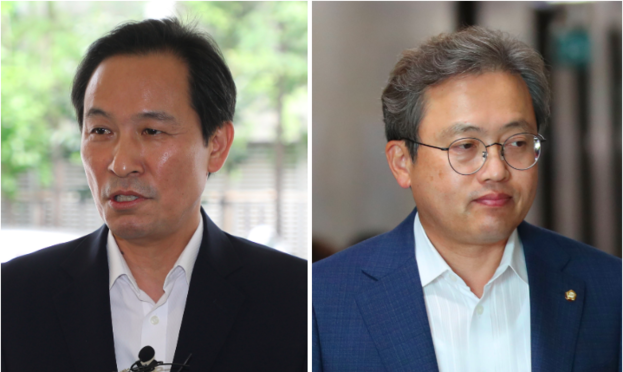 더불어민주당 우상호(왼쪽) 의원과 송기헌 의원.