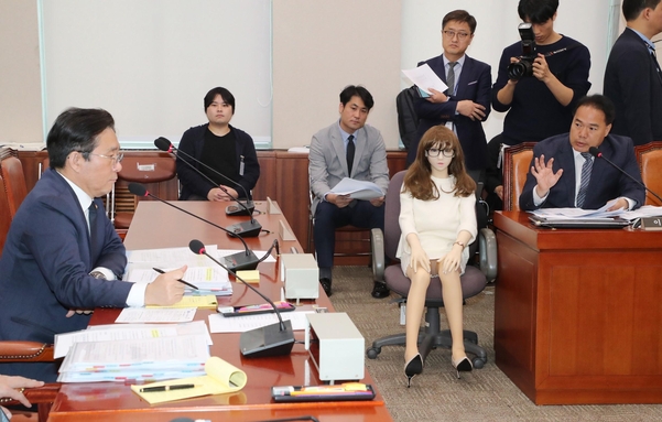 18일 오전 국회에서 열린 산업통상자원중소벤처기업위원회의 산업통상자원부 등의 종합국정감사에서 무소속 이용주 의원(사진 오른쪽)이 리얼돌을 보여주며 질의하고 있다. /연합뉴스