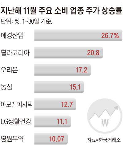 지난해 11월 주요 소비 업종 주가 상승률