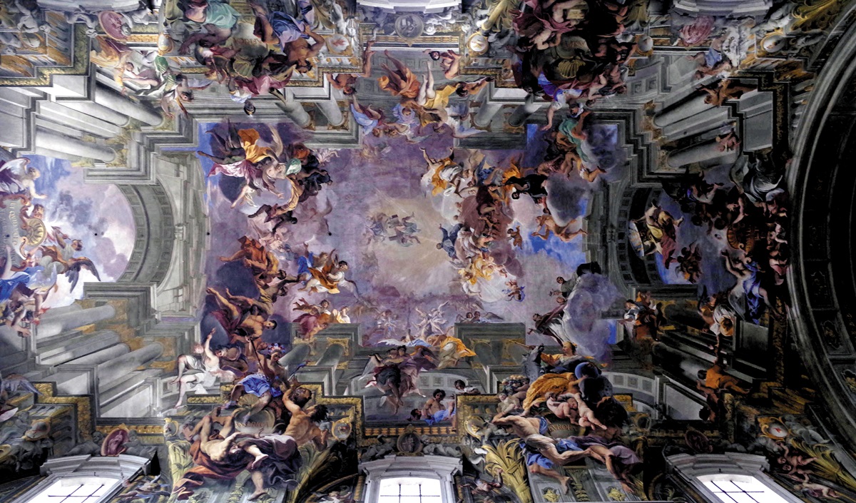 이탈리아 로마 예수회 교회의 천장화. 천장이 없이 하늘 위가 보이는 듯 환상적이다. 그런데 이 그림을 제대로 감상할 수 있는 위치는 교회 중앙의 딱 한 자리뿐이다. 다른 자리에서는 오히려 기울어진 이상한 그림들이 보인다.