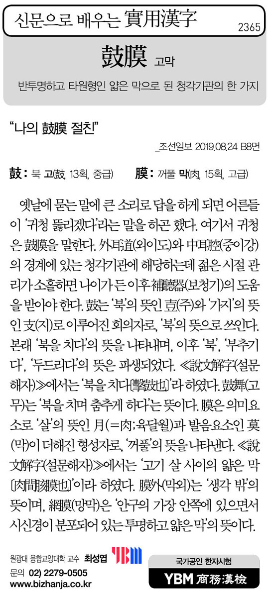 [신문으로 배우는 실용한자] 고막(鼓膜)