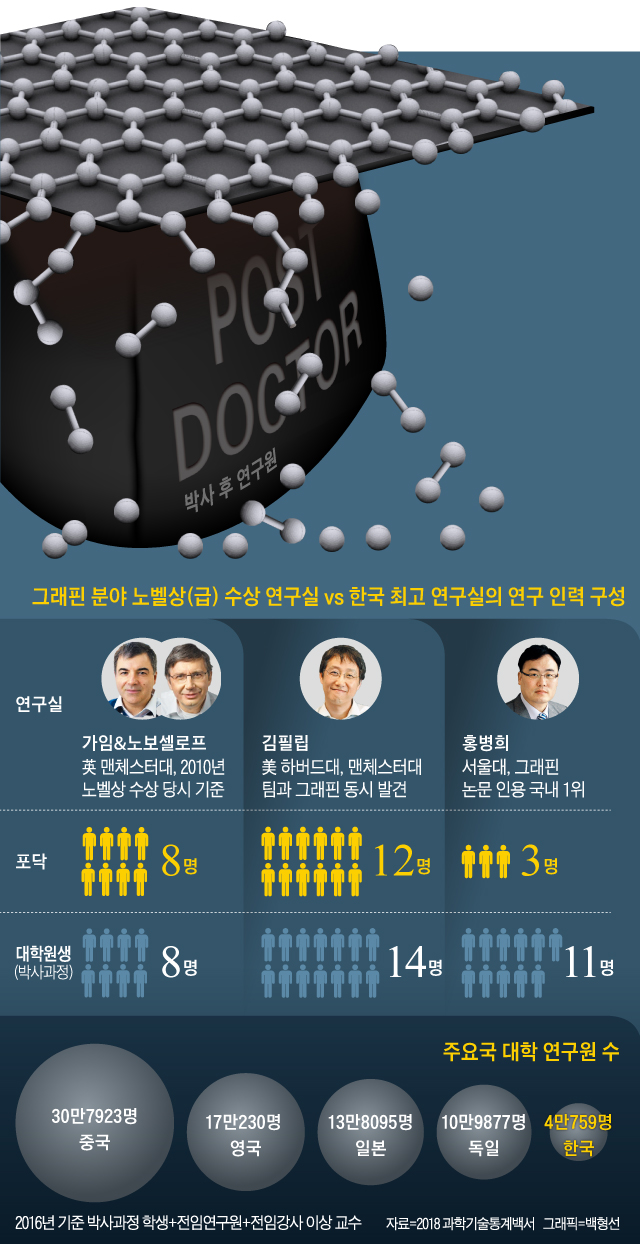 그래핀 분야 노벨상 수상 연구실 vs 한국 최고 연구실의 연구 인력 구성