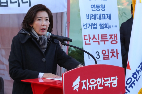 나경원 자유한국당 원내대표가 2일 청와대 앞에서 열린 당 현장 최고위 회의에서 발언하고 있다. /뉴시스