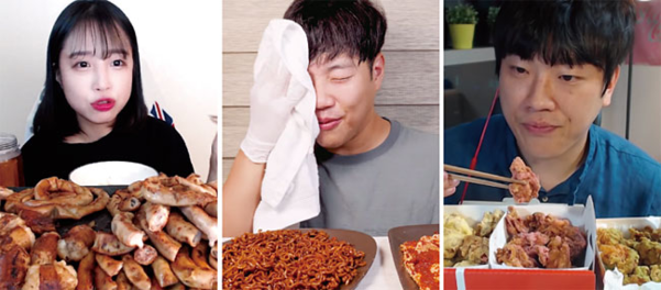 왼쪽부터 유튜버 ‘쯔양’의 ‘소곱창, 소막창, 소대창, 특양 23인분 4.2㎏+크림빵 먹방’ 영상, 실비김치를 먹다 땀을 닦는 유튜버 ‘HONG SOUND’, 멕시카나에서 출시한 ‘후르츠 치킨’을 먹고 있는 유튜버 ‘SOF’./ 유튜브 캡처