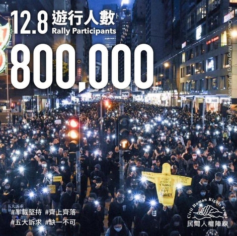 홍콩 야권 단체 연합 민간인권진선은 8일 홍콩섬에서 진행된 집회와 행진에 80만 명이 참여했다고 밝혔다. /민간인권진선