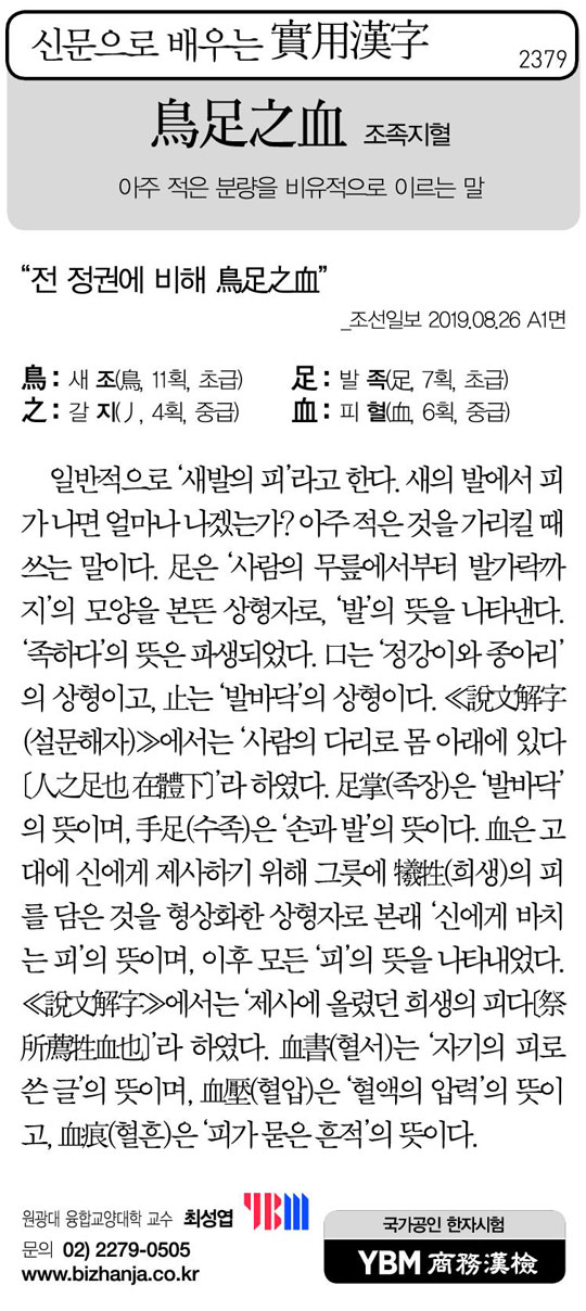 [신문으로 배우는 실용한자] 조족지혈(鳥足之血)
