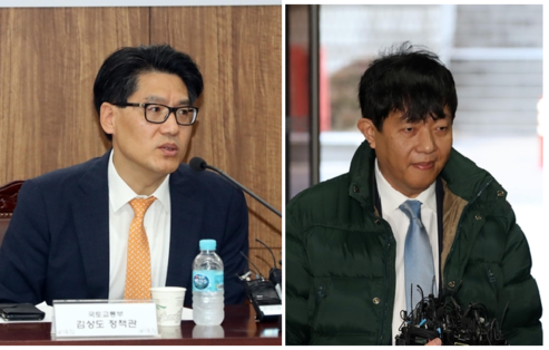 왼쪽부터 김상도 국토교통부 종합정책관과 타다를 서비스하는 VCNC의 모회사 쏘카의 이재웅 대표./연합뉴스