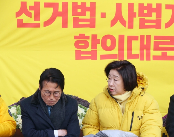 정의당 심상정(오른쪽) 대표와 윤소하 원내대표가 16일 국회 본청 앞 농성장에서 열린 상무위원회 시작 전 대화를 나누고 있다./연합뉴스