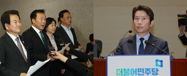 좌측 사진 왼쪽부터 민주평화당 정동영 대표, 바른미래당 손학규 대표, 정의당 심상정 대표, 대안신당 유성엽 창당준비위원장, 우측 더불어민주당 이인영 원내대표/연합뉴스