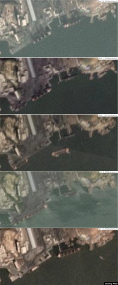 북한 남포의 석탄 항구를 촬영한 올해 12월(맨 위)과 11월, 9월, 8월, 4월 위성사진. 대형 선박이 정박한 장면이 확인되는 가운데 대형 선박이 소형 선박에 의해 이동하는 모습도 일부 확인된다. /VOA·플래닛랩스