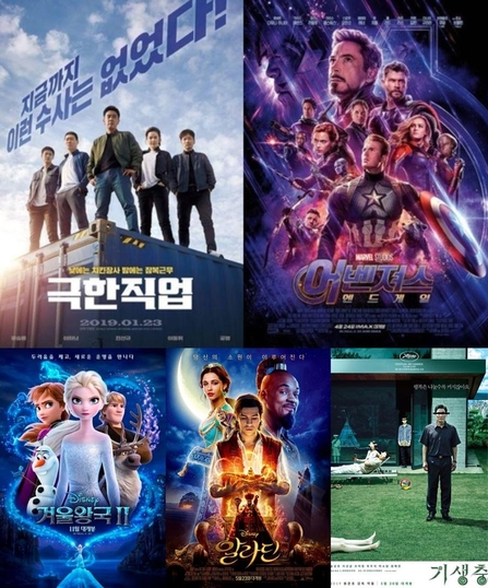 올해 1000만 돌파를 기록한 영화들. 윗줄 왼쪽부터 시계 방향으로 ‘극한직업’, ‘어벤져스: 엔드게임’, ‘기생충’, ‘알라딘’, ‘겨울왕국2’. /CJ ENM, 월트디즈니컴퍼니코리아 제공
